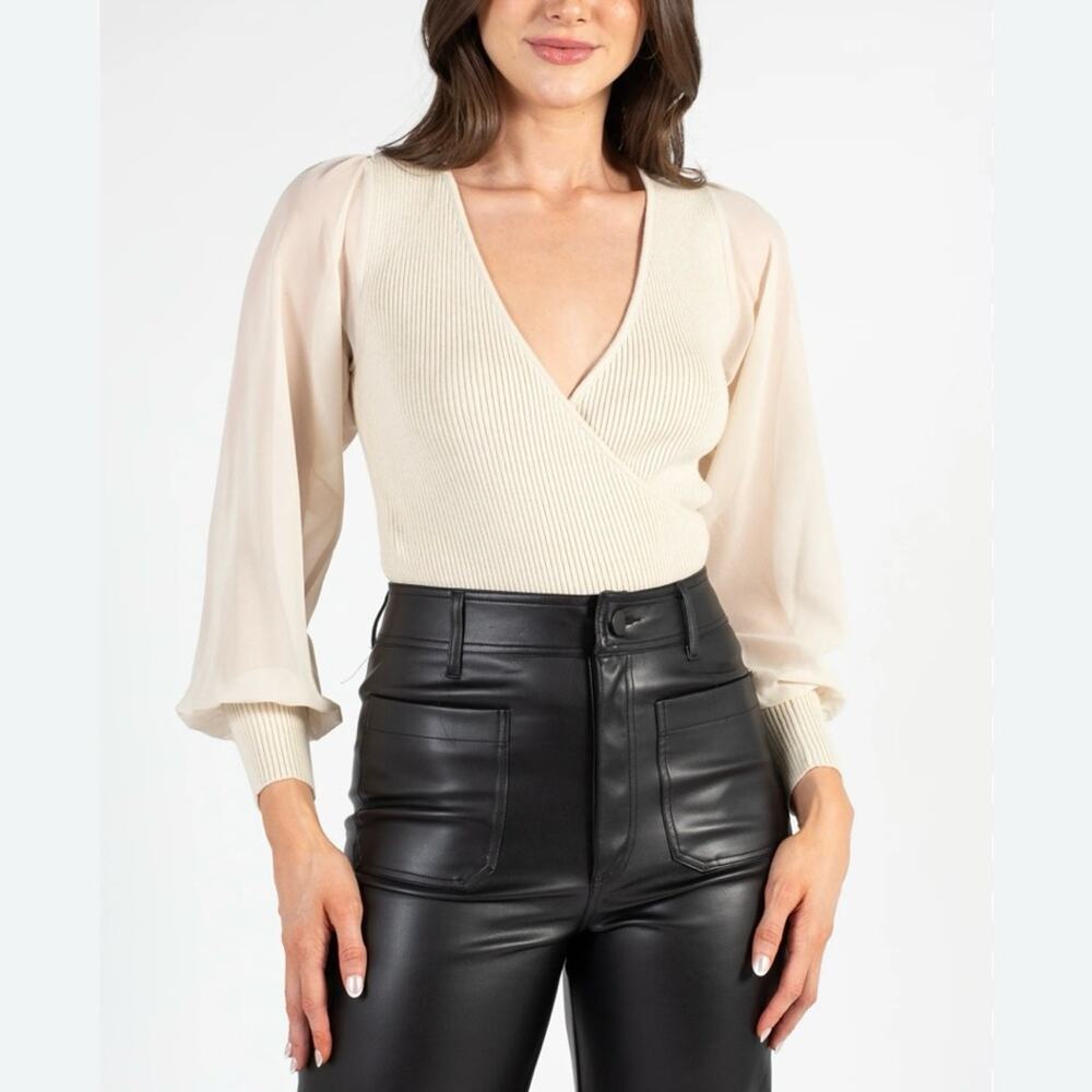 IDEM DITTO Maddie Organza Puff Sleeve Ribbed Knit Surplice Blouse Size Small